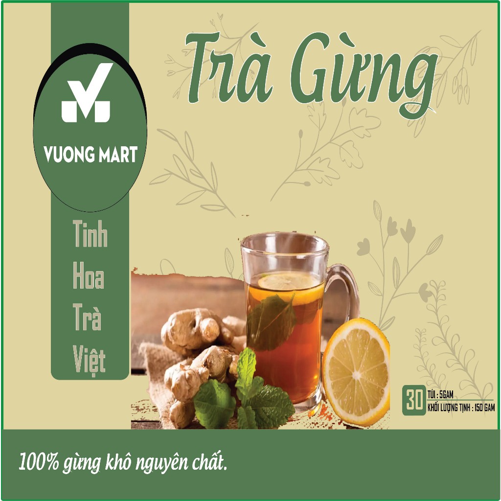 Trà gừng 150 Gram,( 30 túi lọc x5g) gừng khô nguyên chất Vượng Mart