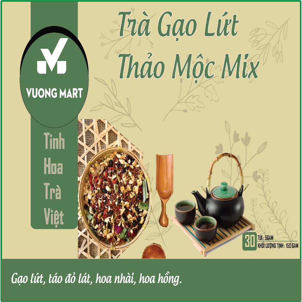 Trà gạo lứt thảo mộc mix 150 Gram( 30 túi lọc x5g) (Hỗ trợ thanh nhiệt cơ thể, detox) thương hiệu Vuong Mart