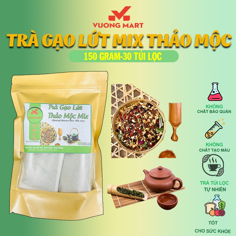 Trà gạo lứt thảo mộc mix 150 Gram( 30 túi lọc x5g) (Hỗ trợ thanh nhiệt cơ thể, detox) thương hiệu Vuong Mart